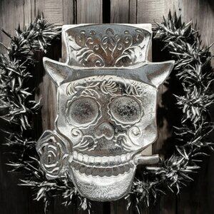 Halloween Skull Silver Cast Metal Dish Top Hat Gothic Rose Serving Dish 9" Candy